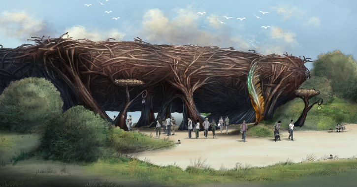 Artist impression of what the Lost Feather stage will look like at Kynren Storied Lands - a giant bird's nest